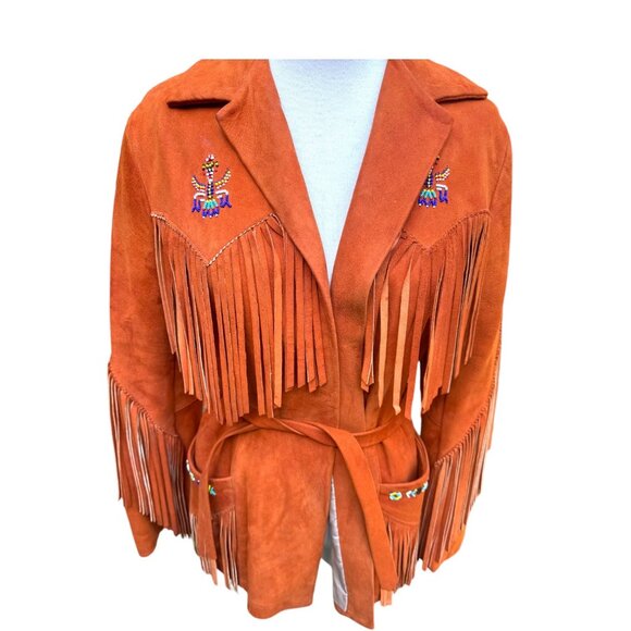 Vintage Womens Fringe Embroidered Suede Jacket With Belt Artisan Designed - Picture 8 of 9